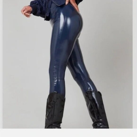 NEW! SPANX BLUE PATENT FAUX LEATHER LEGGINGS - Picture 4 of 10